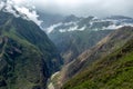Apurimac river : Green steep slopes of valley with water in the middle, the Choquequirao trek, Peru