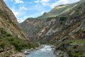 Apurimac river : Green steep slopes of valley with water in the middle, the Choquequirao trek, Peru