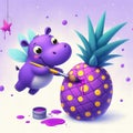 Apurple hippo is painting a pineapple with a brush Royalty Free Stock Photo