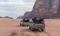 Tourists ride in open jeeps in the Wadi Rum desert Visitor near Aqaba city in Jordan