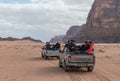 Tourists ride in open jeeps in the Wadi Rum desert Visitor near Aqaba city in Jordan