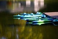 Aqua and Blue Kayaks Moored at Warriors Path