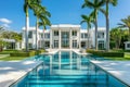 Aqua building with a pool in front, surrounded by palm trees under azure sky Royalty Free Stock Photo