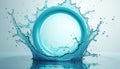 Aqua circle frame with fluid splash around on white surface. Liquid drops and smooth blue waves form dynamic composition. Clean Royalty Free Stock Photo
