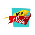 Aqua cyan red 50% discount with special sale banner template design. Big sale special offer. Yellow rocket Special offer banner