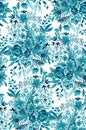 Aqua flowers, seamless design, botanical pattern.