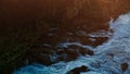 Aqua flowing dark mountain nature closeup. Big sea waves crash volcanic rocks Royalty Free Stock Photo