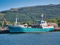 The Aqua Gripfisk live fish carrier moored at Campbeltown on the Kintyre Peninsula in Scotland, UK.