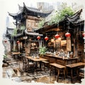 Aqua illustration capturing a lively Chinese street with structures and locals