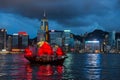 The Aqua Luna sail ship in Hong Kong by night.