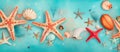 Aqua marine invertebrates line up on azure water background