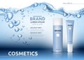 Aqua Moisturizing cosmetic ads template. Hydrating facial or body lotion. Mockup 3D Realistic illustration. Sparkling water drops