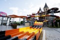 Aqua Paradise Nessebar, Bulgaria - June 19, 2023: Colorful slides in a children\'s water park, close-up Royalty Free Stock Photo