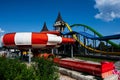 Aqua Paradise Nessebar, Bulgaria - June 19, 2023: Colorful water slides at the children\'s aquapark in the park Royalty Free Stock Photo