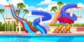Aqua park attractions. Swimming pool with different types water extreme slides, summer family vacation, kids amusement Royalty Free Stock Photo