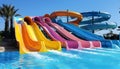 Aqua park featuring colorful water slides for leisure and fun under the sky