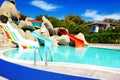 Aqua park with water slides in luxury hotel Royalty Free Stock Photo