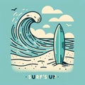 Aqua and Sand Colored Minimalistic rough cartoon sketch of a beach scene with a surfboard, with the text \