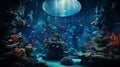 Underwater with corals and many fish on blue underwater background