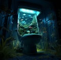 Aqua toilet with corals and many fish on blue underwater background