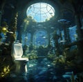 Aqua toilet with corals and many fish on blue underwater background