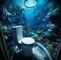 Aqua toilet with corals and many fish on blue underwater background