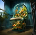 Aqua toilet with corals and many fish on blue underwater background