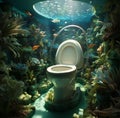 Aqua toilet with corals and many fish on blue underwater background