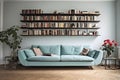 aqua sofa color, gray book shelf, modern interior design, lite brown floor, Generated AI