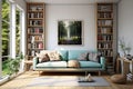 aqua sofa color, modern interior design, gray book shelf, lite brown floor, Generated AI