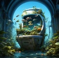 Aqua toilet with corals and many fish on blue underwater background