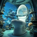 Aqua toilet with corals and many fish on blue underwater background