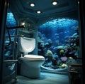 Aqua toilet with corals and many fish on blue underwater background