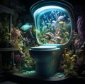 Aqua toilet with corals and many fish on blue underwater background