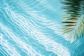 Aqua waves and coconut palm shadow on blue background. Water pool texture top view In the summer