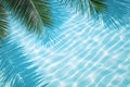 Aqua waves and coconut palm shadow on blue background. Water pool texture top view In the summer