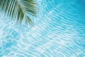 Aqua waves and coconut palm shadow on blue background. Water pool texture top view In the summer