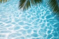 Aqua waves and coconut palm shadow on blue background. Water pool texture top view In the summer