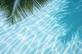 Aqua waves and coconut palm shadow on blue background. Water pool texture top view In the summer