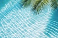 Aqua waves and coconut palm shadow on blue background. Water pool texture top view In the summer