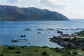 Aquaculture settlement, fish farm with floating circle cages around bay of Attica in Greece