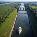 Aquaduct Veluwemeer, Nederland. Aerial view from the drone. A sailboat sails through the aqueduct on the lake above