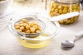 Aquafaba is the liquid for cooking chickpeas. Vegan or vegetarian ingredient used as a homemade alternative to egg whites in many