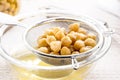 Aquafaba is the liquid for cooking chickpeas. Vegan or vegetarian ingredient used as a homemade alternative to egg whites in many