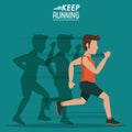 Aquamarine background of poster keep running with man athlete with shadows him behind