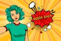 Aquamarine colored hair girl taking selfie photo in front of speech explosion Costa Rico name in bubble pop art style. Element of