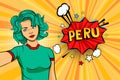 Aquamarine colored hair girl taking selfie photo in front of speech explosion Peru name in bubble pop art style. Element of sport