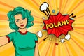 Aquamarine colored hair girl taking selfie photo in front of speech explosion Poland name in bubble pop art style. Element of spor