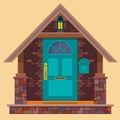 Aquamarine front door on the brown brick wall with lantern. Cartoon house illustration. Vector building element.