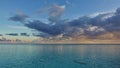 The aquamarine ocean is calm. The silhouette of a shark is visible in the clear water. Royalty Free Stock Photo